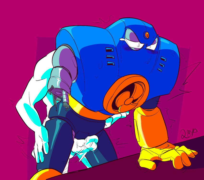 2019 2boys air_man armor armored_boots armored_gloves bent_over blue_and_yellow blue_armor blush broken_arm capcom clothed clothing fan from_behind from_behind_position grinding grinding_through_clothes half-closed_eyes hand_on_another's_thigh hand_on_surface hand_on_thigh hand_on_torso intercrural intercrural_sex lidded_eyes looking_pleasured loppumon male male_only mega_man mega_man(classic) mega_man_2 missing_arm movement movement_lines penis penis_out pink_background robot robot_boy robot_humanoid robot_joints robot_master robotic_arm robotic_arms robotic_leg robotic_legs sex shaking shoulder_pads signature solo_focus sweat sweatdrop sweating tears thigh_job toony white_body wires yellow_armor yellow_boots yellow_gloves