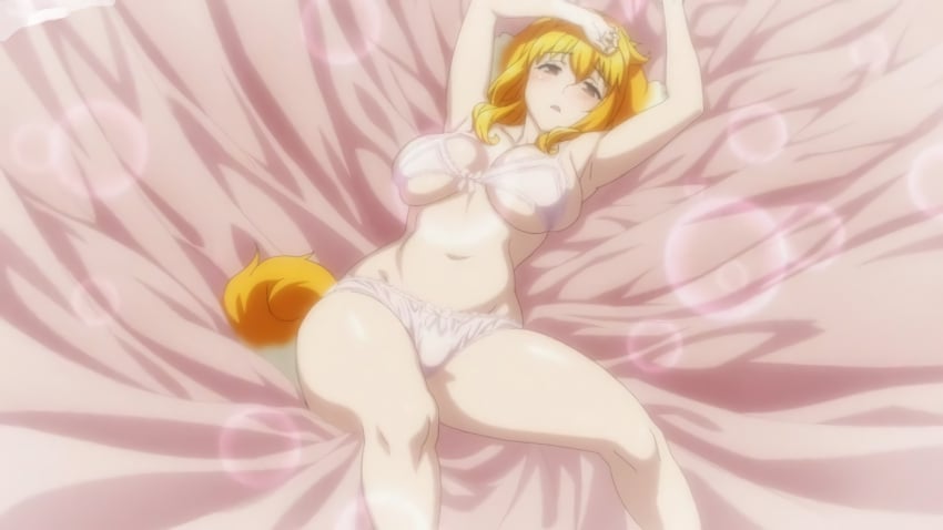 1girls animal_ears animal_tail bed blonde_hair blush brown_eyes female female_focus female_only hi_res hyouju_issei isekai_meikyuu_de_harem_wo laying_on_bed long_hair looking_at_viewer monster_girl on_back on_bed open_mouth orange_eyes orange_hair pink_bra pink_panties pose roxanne_(isekai_meikyuu_de_harem_wo) screenshot seductive solo tail underwear wide_hips wolf_ears wolf_girl wolf_tail