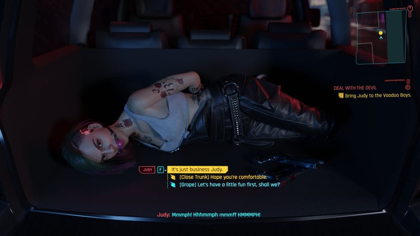 1girls 3d ball_gag bondage bound car_trunk cd_projekt_red cyberpunk_2077 emo female female_only gagged game_hud green_hair judy_alvarez kidnapped lying lying_on_side restrained rindekey solo tattoo