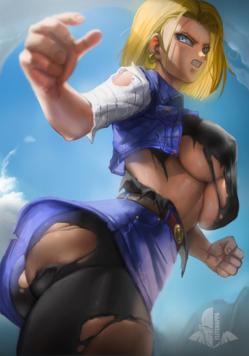 1girls android_18 annoyed ass battle_damage big_ass big_breasts blonde_hair blue_eyes boobs_and_butt_pose breasts bubble_butt busty clothes clothing dragon_ball dragon_ball_z elitenappa female female_only large_ass large_breasts looking_at_viewer looking_away nipple_bulge outdoors solo thick_thighs torn_clothes torn_clothing underboob watermark wide_hips