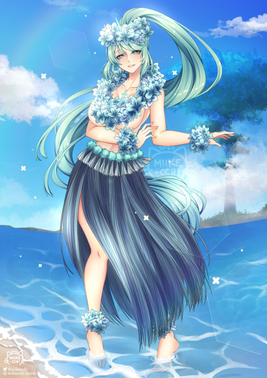 artist_name blue_sky clouds dancer dancing female_only flower_anklet flower_bracelet flower_crown grass grass_skirt grin grinning hexagons hula hula_dancer hula_skirt island lei light_blue_eyes miike_san nintendo ocean pneuma_(xenoblade) ponytail sand smile topless topless_female tree turquoise_eyebrows turquoise_hair underboob very_long_hair watermark xenoblade_(series) xenoblade_chronicles_2