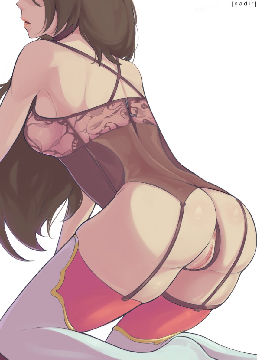 1girls amber_(genshin_impact) anus ass ass_focus big_ass breasts brown_hair clothing female female_only garter_straps genshin_impact hair legwear lingerie lips medium_breasts nadir pussy sideboob solo solo_female thick_thighs thighs vagina