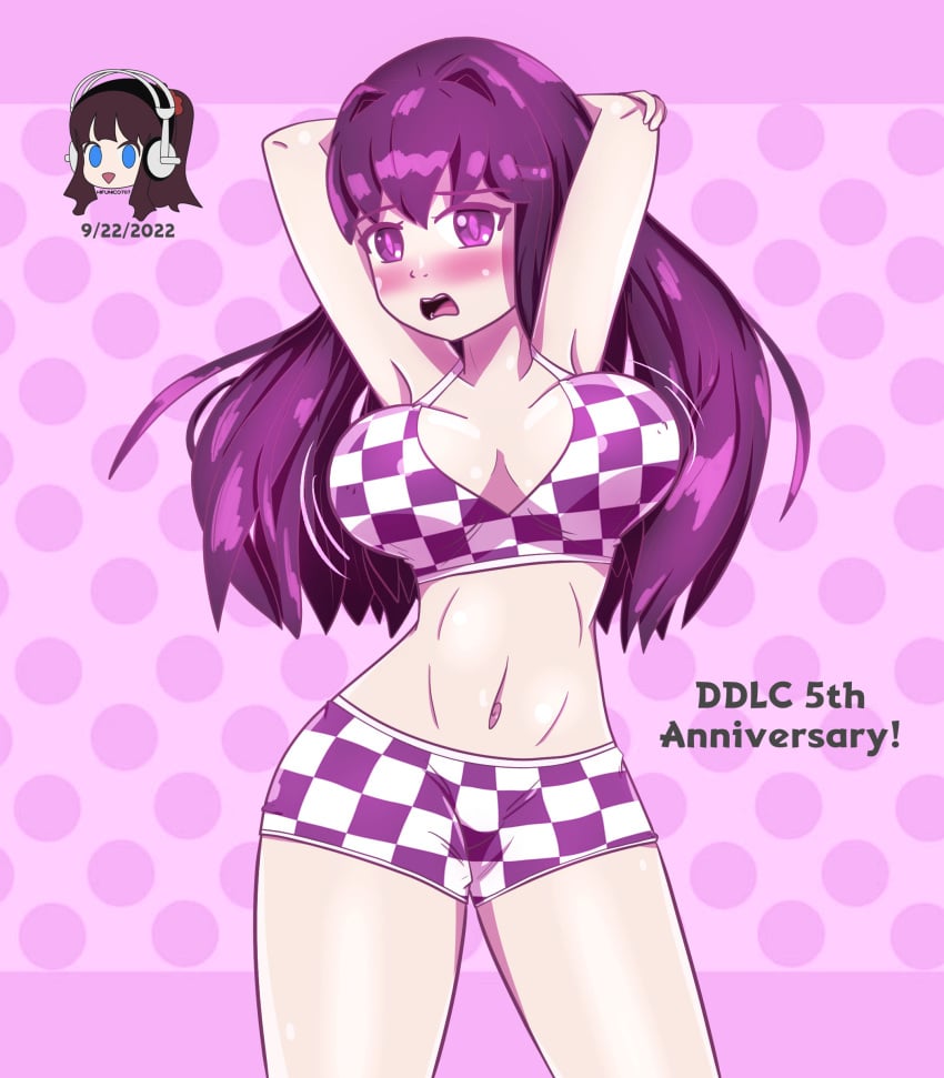 1girls arms_behind_head arms_up blush blush bra checkered_bra checkered_panties doki_doki_literature_club embarrassed female flustered hifunico707_(artist) looking_at_viewer panties purple_background purple_eyes purple_hair solo text yuri_(doki_doki_literature_club)