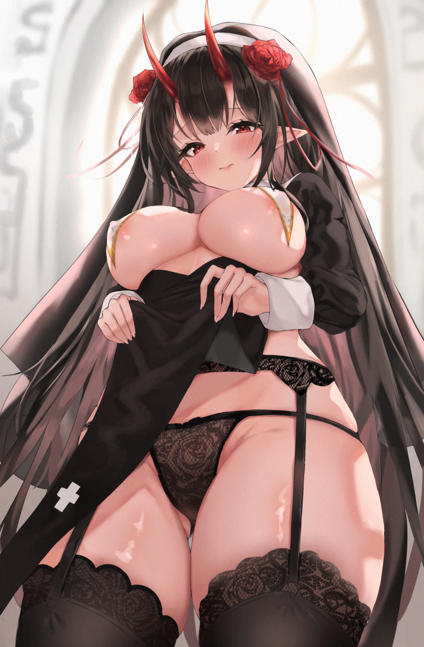 1girls 3: areola_slip ass_visible_through_thighs black_garter_belt black_hair black_panties black_sleeves black_thighhighs breast_curtains breasts closed_mouth clothes_lift covered_nipples cowboy_shot cross female female_only flower from_below garter_belt habit hair_flower hair_ornament hairband highres horns lace lace-trimmed_legwear lace_panties lace_trim large_breasts lifted_by_self long_hair long_sleeves looking_at_viewer looking_down lotpi nun oni_horns original panties pelvic_curtain pelvic_curtain_lift pointy_ears pubic_tattoo raised_eyebrows red_eyes red_flower shrug_(clothing) solo tattoo thick_thighs thighhighs thighs underwear white_hairband