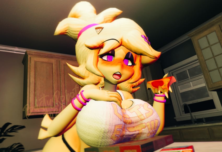 1girls 3d 5_fingers almost_naked bib blush bracelets cally3d chica_(cally3d) chica_(fnaf) chiku chiku_(cryptia) clazzey cryptiacurves eyelashes eyes_half_closed fazclaire's_nightclub feathers female female_only five_nights_at_freddy's fnaf fredina's_nightclub hair_clip hair_clips hand_on_breast holding_food holding_pizza huge_ass huge_breasts kitchen leaning_forward looking_at_viewer open_mouth panties pink_eyes pizza pizza_box pizza_slice purple_bracelet purple_eyes scottgames solo supporting_breasts table teeth thick_thighs thighs tongue video_games yellow_feathers yellow_fur yellow_hair