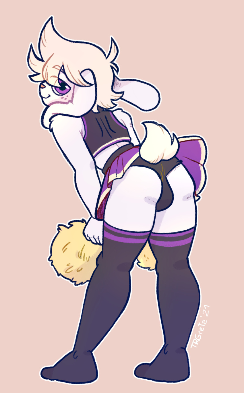 absurd_res anthro ass backsack balls bent_over cheerleader clothed clothing crop_top crossdressing daryl(apologue) furgonomics genitals girly hi_res lagomorph legwear leporid looking_at_viewer male mammal presenting presenting_bulge purple_eyes rabbit shirt solo stockings thigh_highs topwear trgreta upskirt