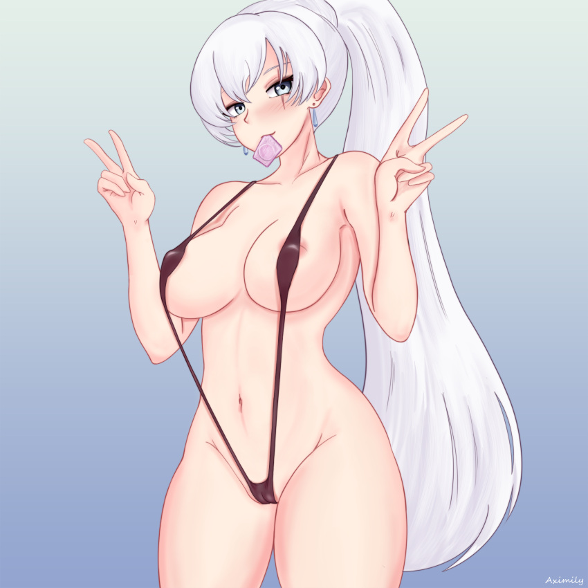 1girls alternate_version_available areolae aximily big_breasts bikini black_sling_bikini breasts condom condom_wrapper double_peace_sign earrings female female_only grey_eyes hair ponytail rwby scar skimpy skimpy_bikini sling_bikini solo solo_female swimsuit swimwear thighs weiss_schnee white_hair