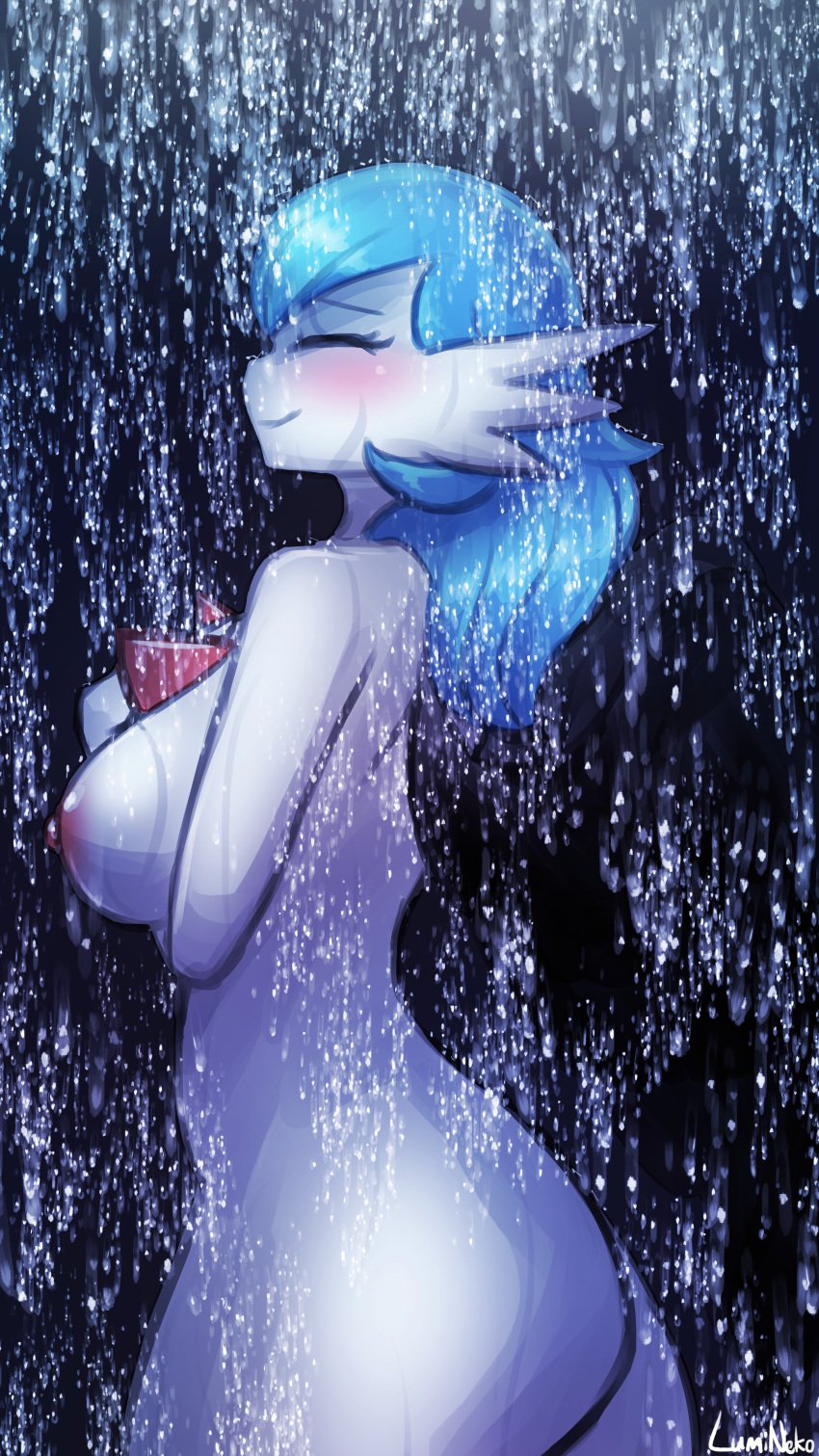 1girls azula_voiree breasts female gardevoir lumineko nude pokemon pokemon_(species) tasteful_nudity waterfall waterfall_shower