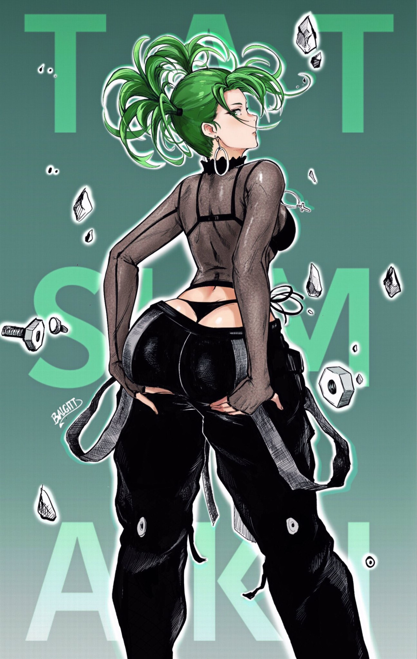 1girls alternate_hairstyle ass back_view balgitt big_ass big_butt breasts butt female female_only fully_clothed grabbing_own_ass green_eyes green_hair one-punch_man short_hair solo solo_female standing tatsumaki thong whale_tail