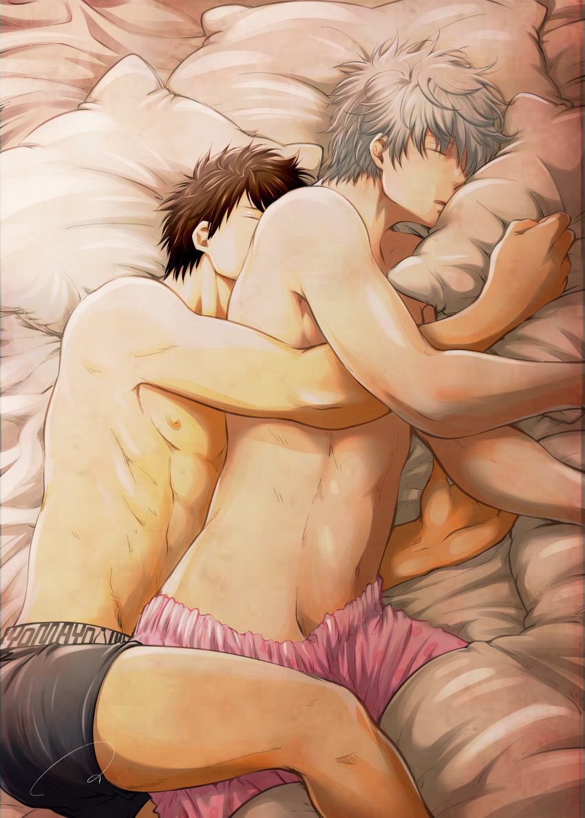 2boys boxers closed_eyes dark_hair gay gintama gintoki_sakata hi_res hijikata_toshiro hugging_from_behind male male_only messy_hair on_bed on_side praton0904 sleeping spooning toned toned_male topless topless_male underwear underwear_only white_hair wholesome yaoi