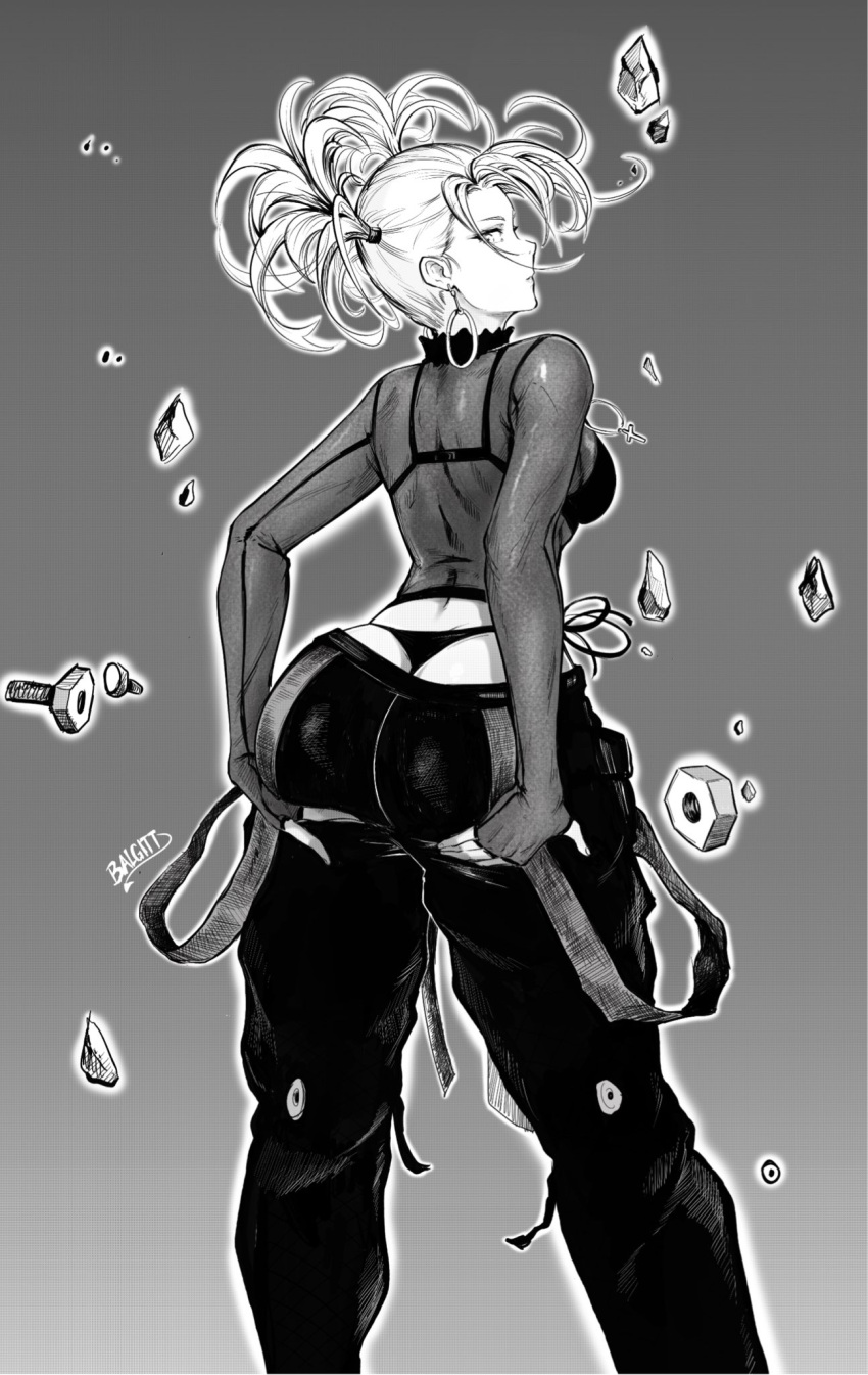 1girls alternate_hairstyle ass back_view balgitt big_ass big_butt breasts butt female female_only fully_clothed grabbing_own_ass greyscale monochrome one-punch_man short_hair solo solo_female standing tatsumaki thong