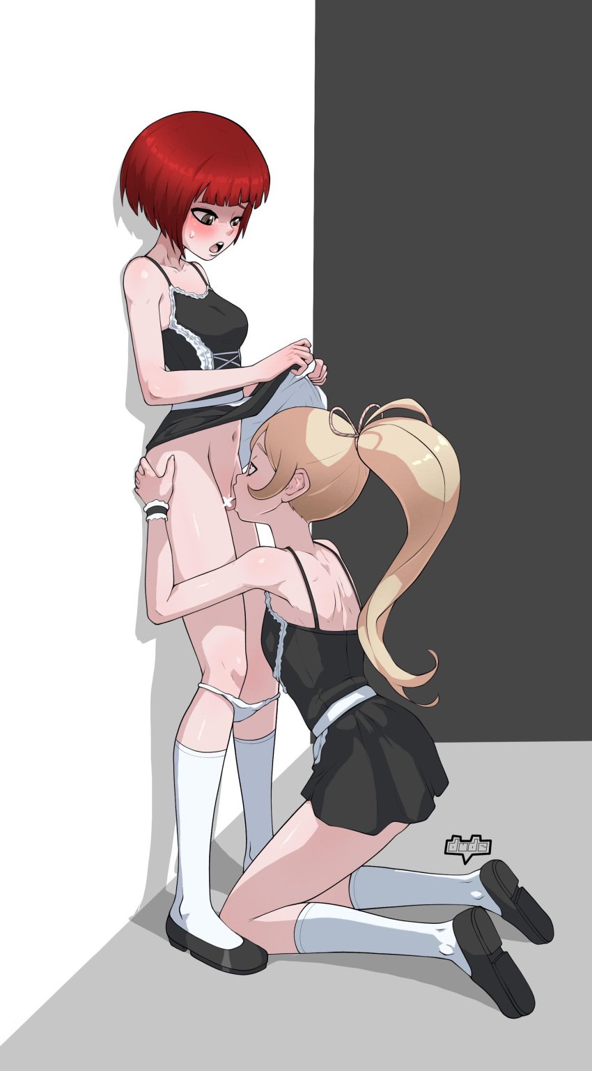 2girls blonde_hair blush censored clothed clothed_sex cunnilingus danganronpa danganronpa_2:_goodbye_despair dude-doodle-do female knee_socks kneehighs kneesocks koizumi_mahiru lesbian maid maid_uniform medium_hair panties_down ponytail red_hair saionji_hiyoko short_hair skirt skirt_lift small_breasts socks super_danganronpa_2 uniform upskirt white_socks yuri