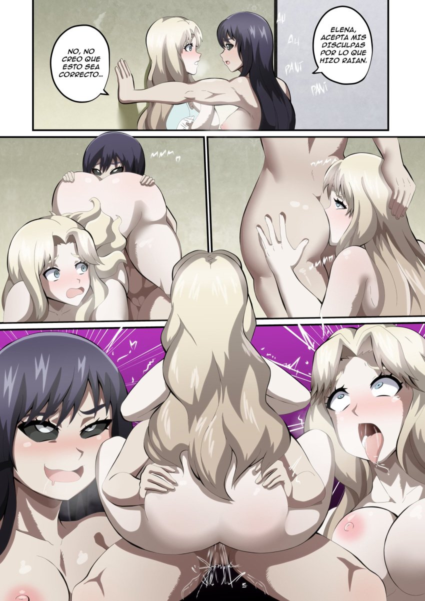 1futa 1girls anilingus ass big_ass big_breasts black_sclera blonde_hair breasts dialogue duo elena_robinson female human kengan_(series) kengan_ashura kure_karla light-skinned_female light-skinned_futanari light_skin loquillo nipples nude oral rimming_female rolling_eyes sex spanish_text text tongue tongue_out yuri