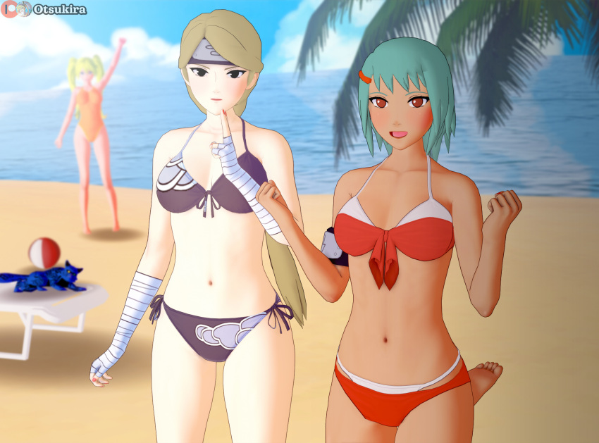 1animal 3d 3girls adapted_costume arm_up bandaged_arm bandages barefoot beach beach_chair bikini black_eyes blonde_hair blue_fur blurry blurry_background breasts chair closed_mouth feet feline female female_focus female_only fully_clothed fuu_(naruto) gender_transformation genderswap_(mtf) green_hair hand_sign headband human jinchuriki koikatsu kunoichi looking_at_viewer matatabi_(naruto) midriff multiple_girls naruko naruto naruto_(series) naruto_shippuden nii_yugito ninja ocean one-piece_swimsuit open_mouth open_smile orange_eyes otsukira palm_tree petite ponytail raised_leg rule_63 sand seaside swimsuit tied_hair tree twintails uzumaki_naruto water waving waving_at_viewer yellow_hair