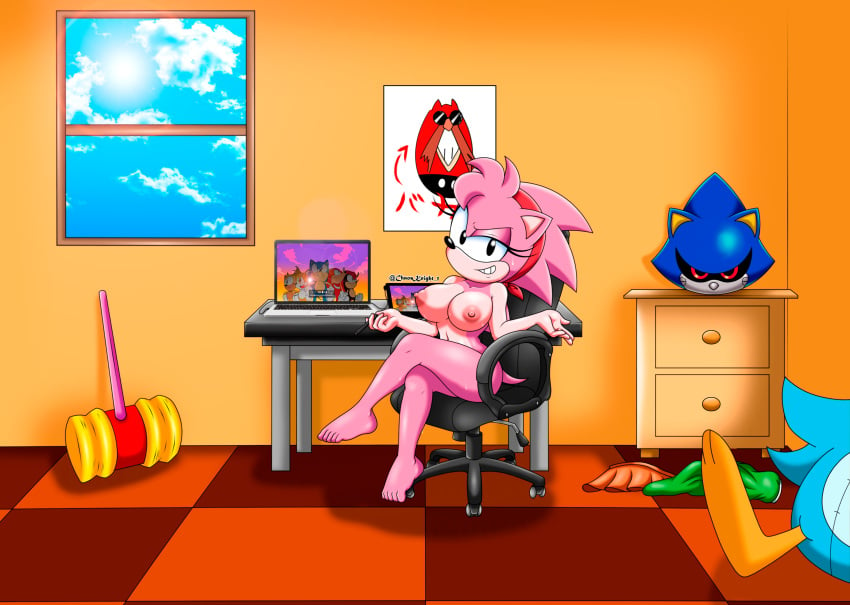 amy_rose anthro big_breasts breasts chair chaosknight_1 classic_amy_rose classic_sonic_(universe) clothing clothing_aside computer curvy_figure dr._eggman eulipotyphlan female furniture hammer hedgehog knuckles_the_echidna laptop looking_at_viewer mammal metal_sonic mighty_the_armadillo miles_prower multicolored_body nipples on_chair pink_body pink_nipples ray_the_flying_squirrel sega sitting sitting_on_chair smile smiling_at_viewer solo sonic_(series) sonic_the_hedgehog sonic_the_hedgehog_(series) tablet tools