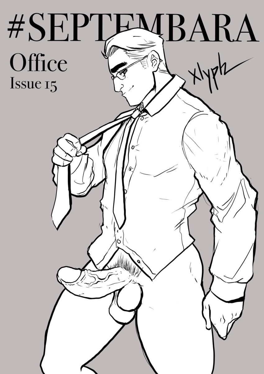 black_and_white boner bottomless english_text erect_penis erection hard_on looking_at_viewer male male_only muscles muscular muscular_male office septembara sketch tie uncolored veiny_penis xlyph