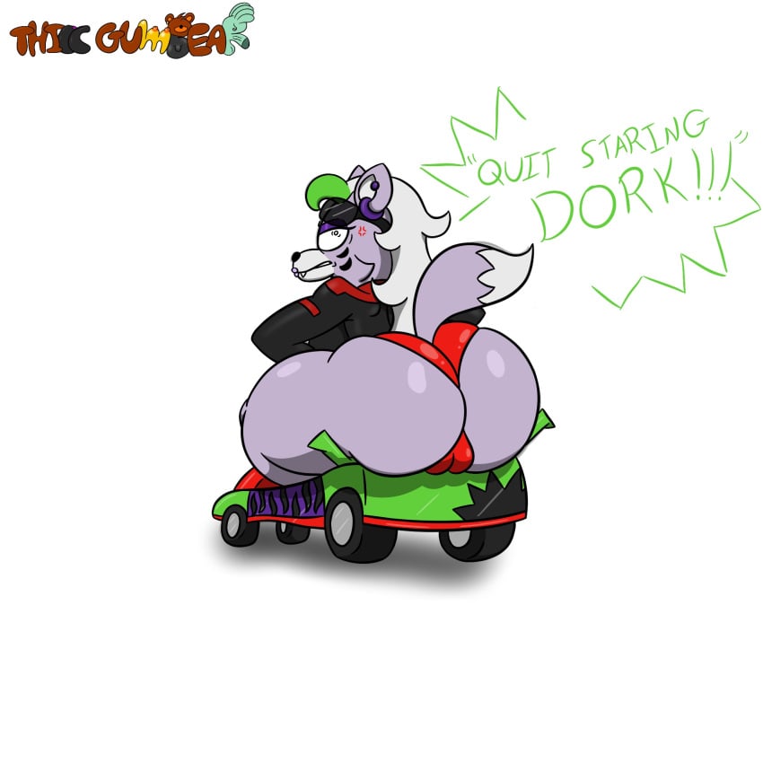 angry big_ass big_breasts big_breasts big_butt crush digital_drawing_(artwork) digital_media_(artwork) ear_piercing earrings eyelashes five_nights_at_freddy's five_nights_at_freddy's:_security_breach fnaf furry kart larger_female leather_jacket lips lipstick long_hair panties pussy_bulge pussy_lips racing_suit roxanne_wolf_(fnaf) shaded sitting snout speech_bubble sunglasses text thiccgumbear thick_thighs thighs tight tight_clothing wheels wide_hips wolf wolf_ears wolf_girl wolf_tail yiff