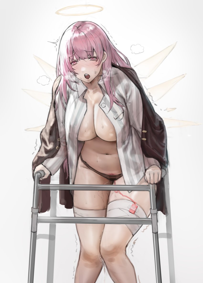 arknights bandage bandaged_leg bandages belly belly_button black_jacket black_panties blush blush boingoo halo injured injury inner_sideboob lemuen_(arknights) long_hair no_pants open_eyes open_jacket open_mouth open_shirt pink_eyes pink_hair pubic_hair pubic_hair_peek pussy_juice pussy_juice_drip shaking stomach striped_clothing striped_shirt sweat sweating tagme thick_thighs underboob vibrator vibrator_in_pussy visible_breath visible_underwear walking walking_stick