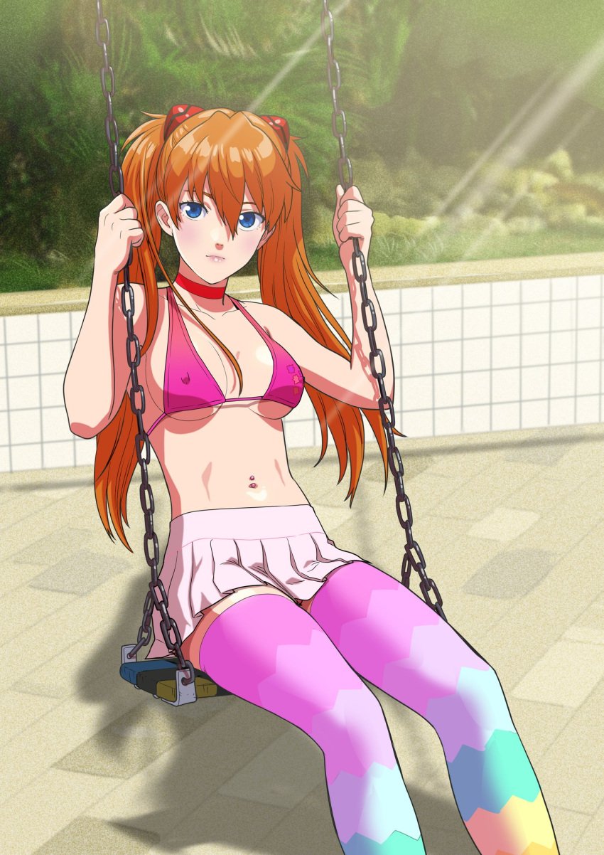 asuka_langley_sohryu auburn_hair belly_piercing bikini_top blue_eyes bra choker clothing collar cute female female_only hair_ornament leggings lipstick long_hair looking_at_viewer miniskirt navel neon_genesis_evangelion park piercing pink_clothing pink_skirt playground red_hair skirt solo solo_female swing teenage_girl teenager tekuho thighhighs waiting young