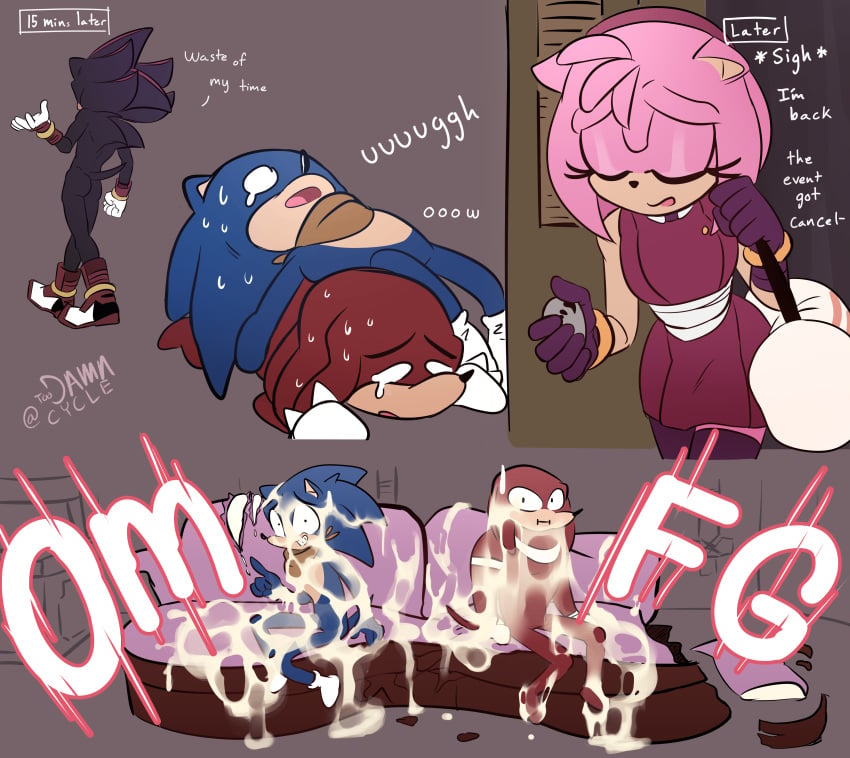 absurd_res amy_rose amy_rose_(boom) anthro ass black_body black_fur blue_body blue_fur bodily_fluids broken_furniture closed_eyes clothing cum cum_covered cum_everywhere dialogue echidna english_text eulipotyphlan female footwear fur furniture genital_fluids gloves group handwear hedgehog hi_res knuckles_the_echidna male mammal messy monotreme neckerchief nude open_mouth pink_body pink_fur red_body red_fur sega shadow_the_hedgehog shoes signature sofa sonic_(series) sonic_boom sonic_the_hedgehog sonic_the_hedgehog_(series) sweat tan_body tan_fur text toodamncycle