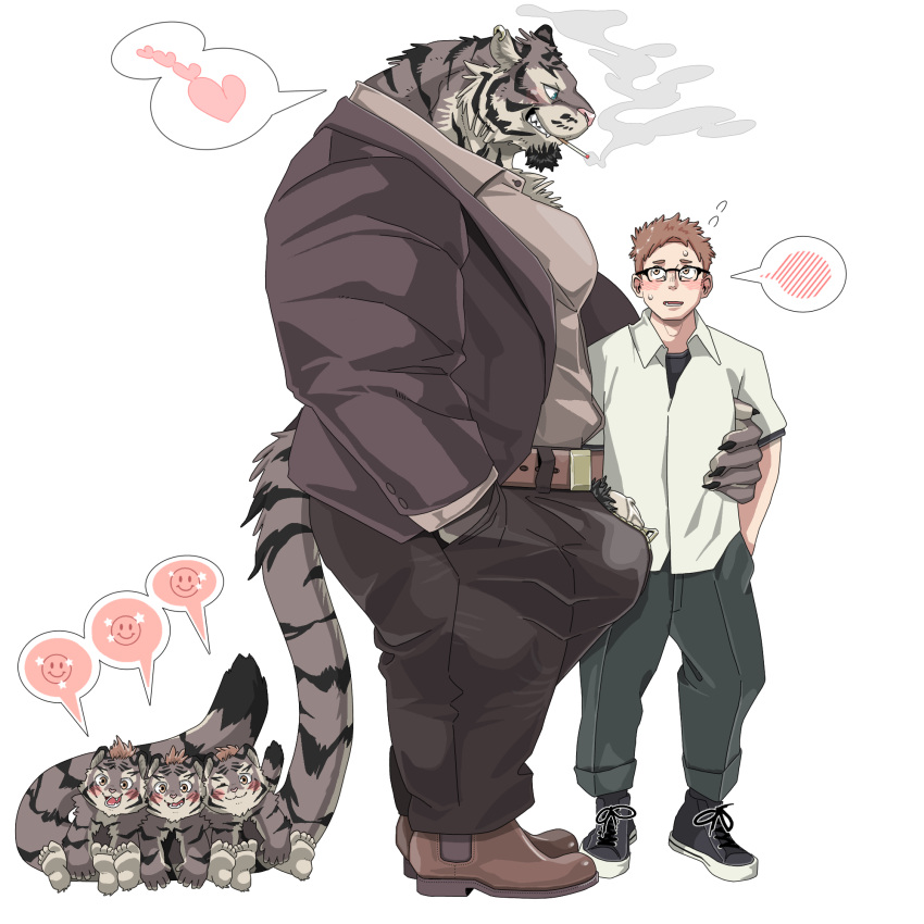 anthro arm_around_waist beard big_bulge big_muscles big_penis black_hair blush bodily_fluids bottomwear brown_body brown_fur brown_hair bulge chan_kiti_chan_(artist) clothing eye_contact eyewear facial_hair family felid fur genitals glasses grin group hair heart hi_res holding_partner human human_on_anthro interspecies jacket larger_anthro larger_male looking_at_another male male/male mammal multicolored_body multicolored_fur muscular muscular_anthro muscular_male pantherine pants penis penis_through_fly poking_out shirt size_difference smaller_human smaller_male smile smiley_face striped_body striped_fur stripes sweat tail_around_another teeth tiger topwear white_body white_fur