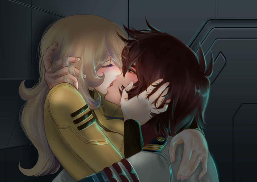 1boy bodysuit female highres hug kissing kodai_susumu long_hair space_battleship_yamato space_battleship_yamato_2199 straight yellow_bodysuit yuki_mori