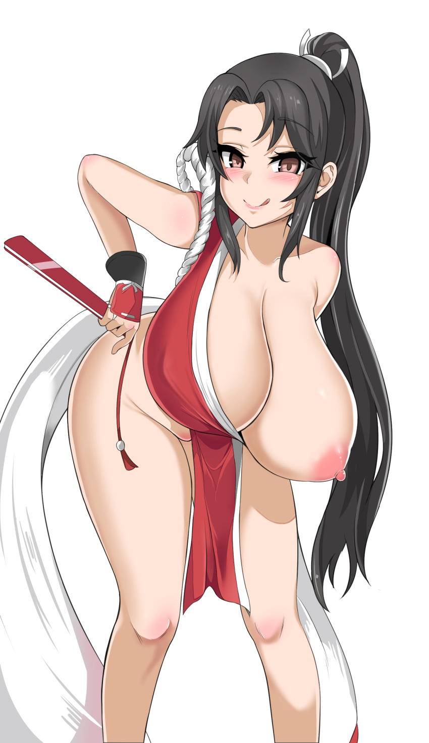 alternate_breast_size asanagi_(style) breasts breasts_bigger_than_head brown_hair female hanging_breasts highres huge_breasts kim_wang_jang king_of_fighters leaning_forward mai_shiranui mai_shiranui_(cosplay) nipples no_panties one_breast_out pelvic_curtain simple_background snk solo standing wardrobe_malfunction white_background