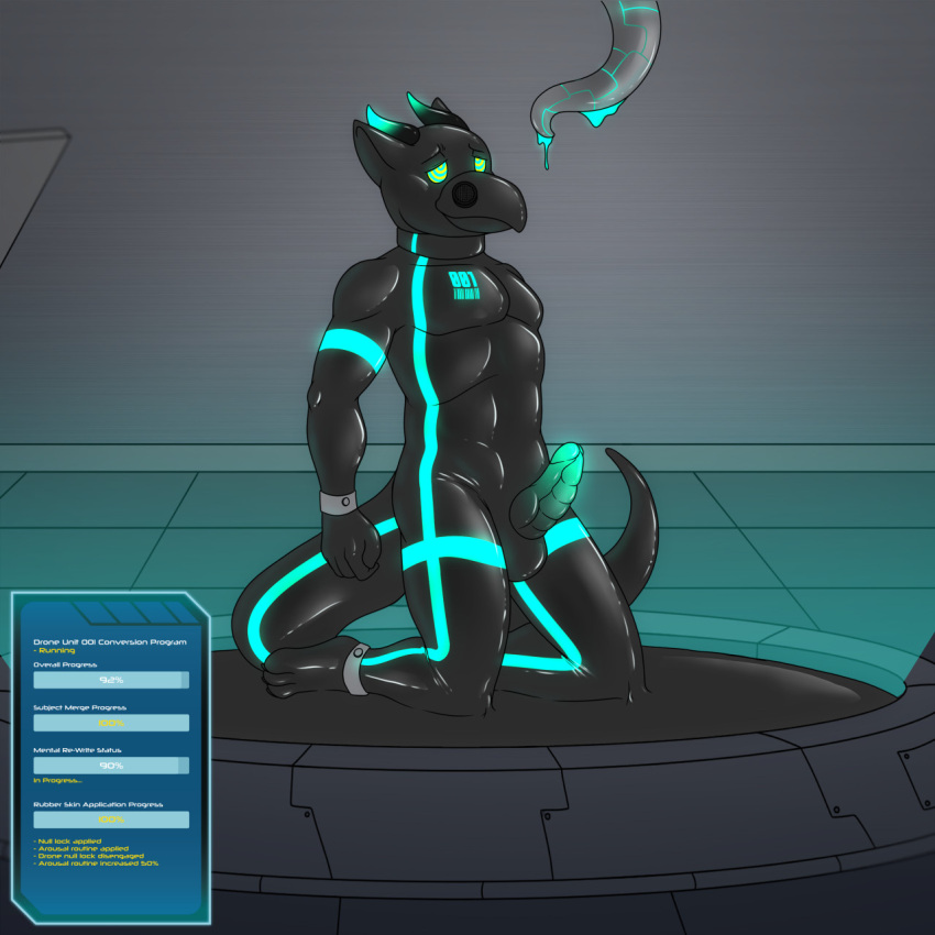 after_transformation anthro black_body drone genitals glowing glowing_genitalia glowing_penis hi_res kneeling knot latex male male_only penis solo tagme tentacle thedecisivepanda