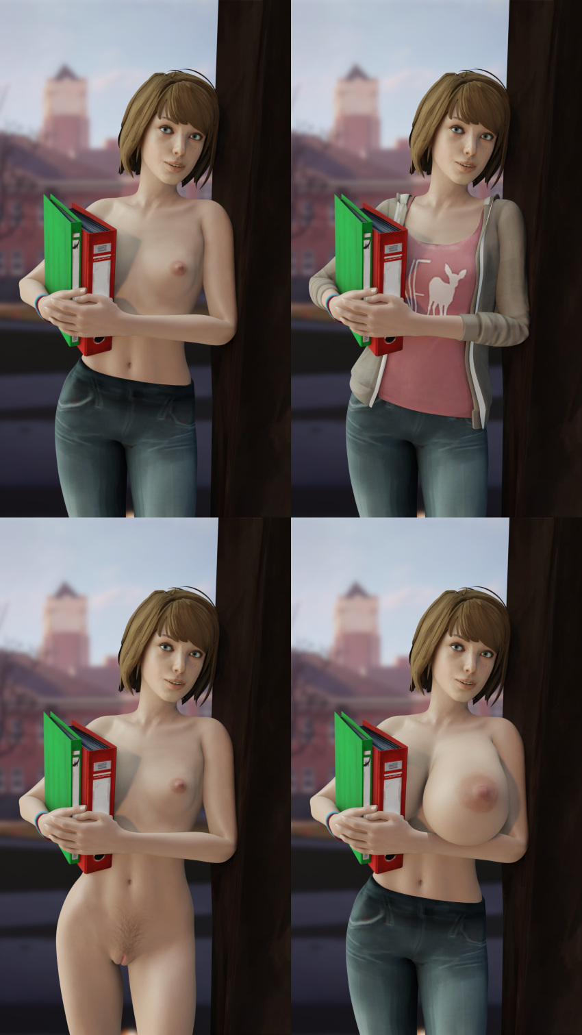 3d alternate_breast_size blender_(software) bottomwear breast_expansion casual casual_nudity casual_topless clothing female human katya_six life_is_strange max_caulfield nonsexual_nudity outerwear pale_skin public solo_female topwear