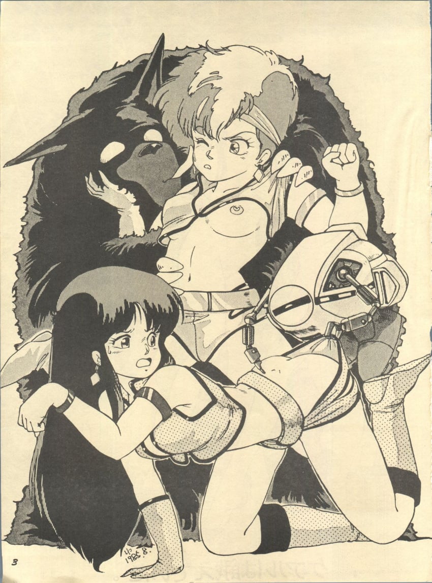 1980s 1985 2girls all_fours ass breasts dated dirty_pair duo exposed_breasts female gloves greyscale headband kei_(dirty_pair) monochrome mughi nanmo robot straight_hair studio_sfc tagme yuri_(dirty_pair)