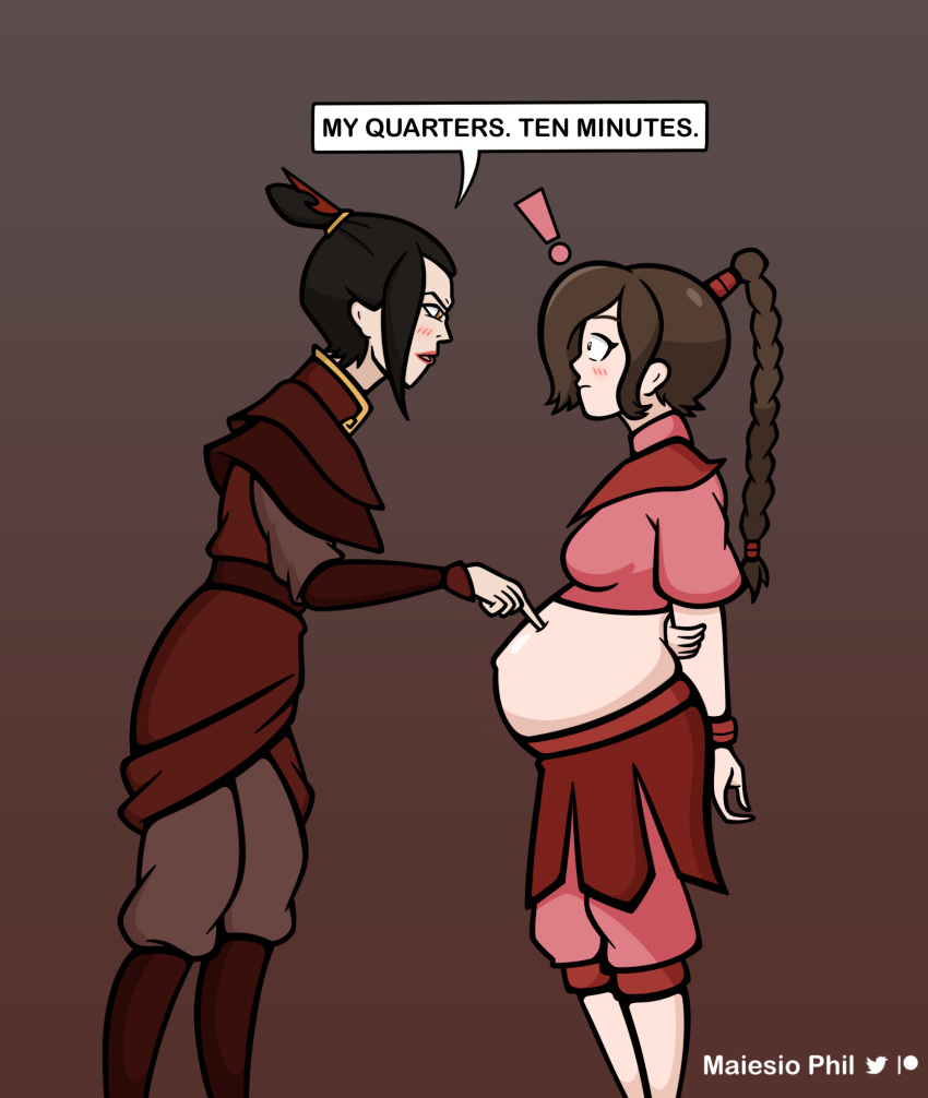 2girls avatar_the_last_airbender azula belly big_belly big_breasts black_hair blush breasts brown_hair clothed clothed_female clothing dialogue female female_only hand_on_belly maiesio_phil midriff navel nickelodeon non-nude outie_navel popped_navel pregnant sidebelly small_breasts standing text ty_lee yuri