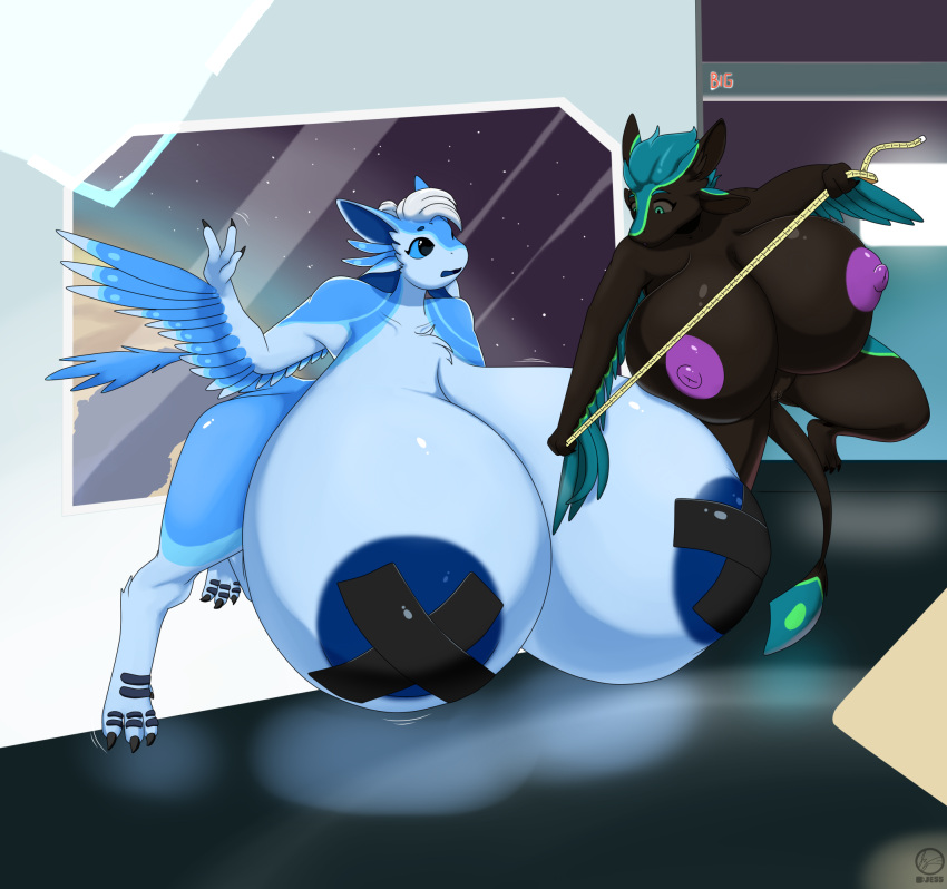 2022 3_fingers 4_ears 4_toes anthro avali avian big_breasts black_body black_claws black_eyes black_feathers black_scutes black_tail blue_body blue_eyes blue_feathers blue_hair blue_nipples blue_sclera blue_tail blue_tail_feathers breasts claws cosmic_background duo feather_hair feathers feet female female/female fingers genitals green_body green_feathers grey_sclera hair hi_res huge_breasts hyper hyper_breasts jessesmash32 looking_at_another looking_at_breasts multi_ear nipples nude pseudo_hair purple_nipples pussy ralena/ralaku sikata_raeda space space_background spacecraft tape_measure toes vehicle white_hair winged_arms wings zero_gravity