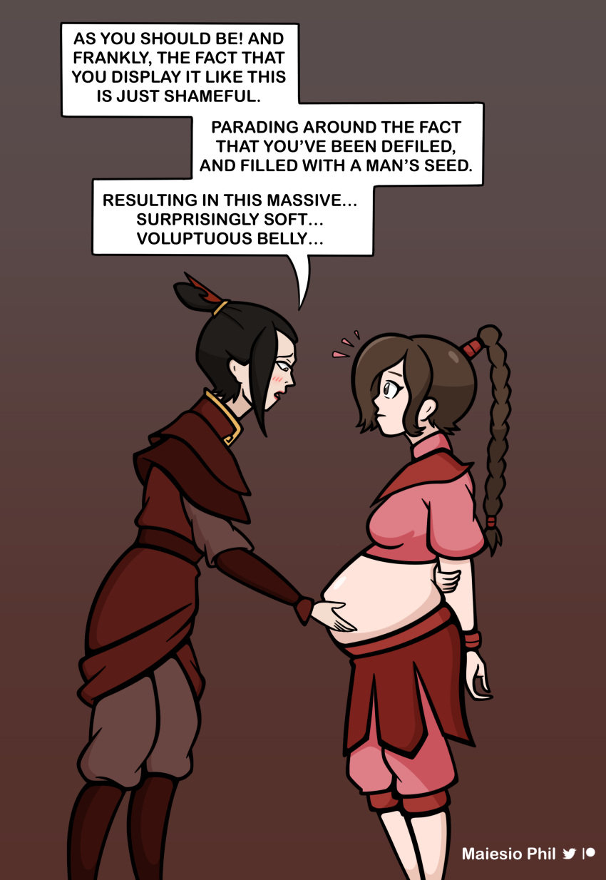 2girls avatar_the_last_airbender azula belly big_belly big_breasts black_hair blush blushing breasts brown_hair clothed clothed_female clothing dialogue female female_only hand_on_belly maiesio_phil midriff navel nickelodeon non-nude outie_navel popped_navel pregnant scolding sidebelly small_breasts standing text ty_lee yuri