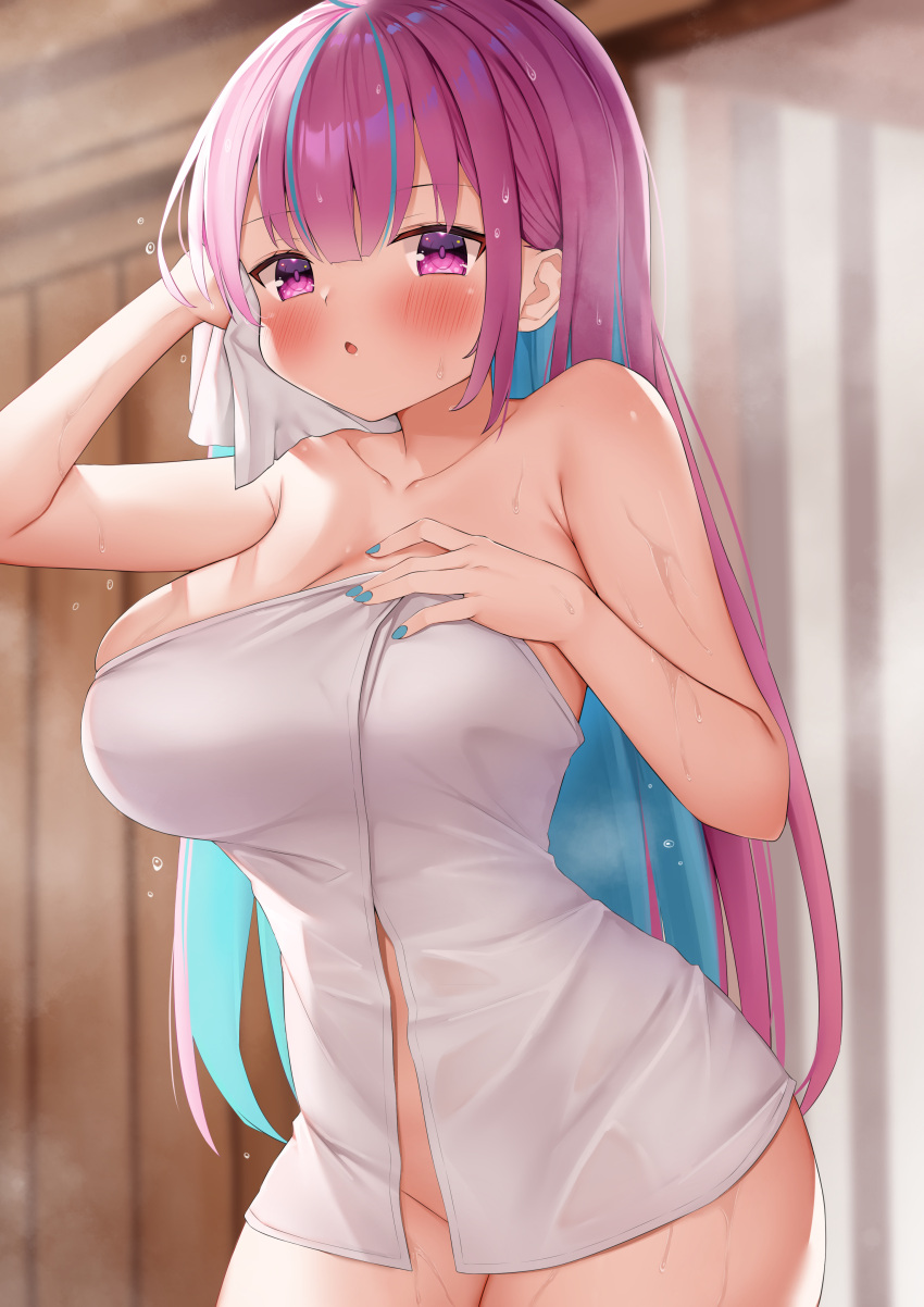 :o absurdres arm_up bangs blue_hair blue_nails blurry blurry_background blush breasts collarbone colored_inner_hair commentary cowboy_shot depth_of_field female hair_between_eyes hand_on_own_chest highres holding holding_towel hololive hololive_gen_2 hololive_japan indoors kusana_(dudqja602) large_breasts long_hair looking_at_viewer minato_aqua multicolored_hair nail_polish naked_towel pink_hair purple_eyes solo standing towel very_long_hair virtual_youtuber wet