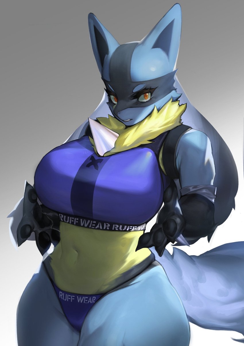 1girls big_breasts breasts female female_lucario female_only looking_at_viewer lucario nintendo orange_eyes pokemon pokemon_(species) pokemorph ruff_(clothing) slit_pupils solo solo_female sportswear thick_thighs very_high_resolution woobin94