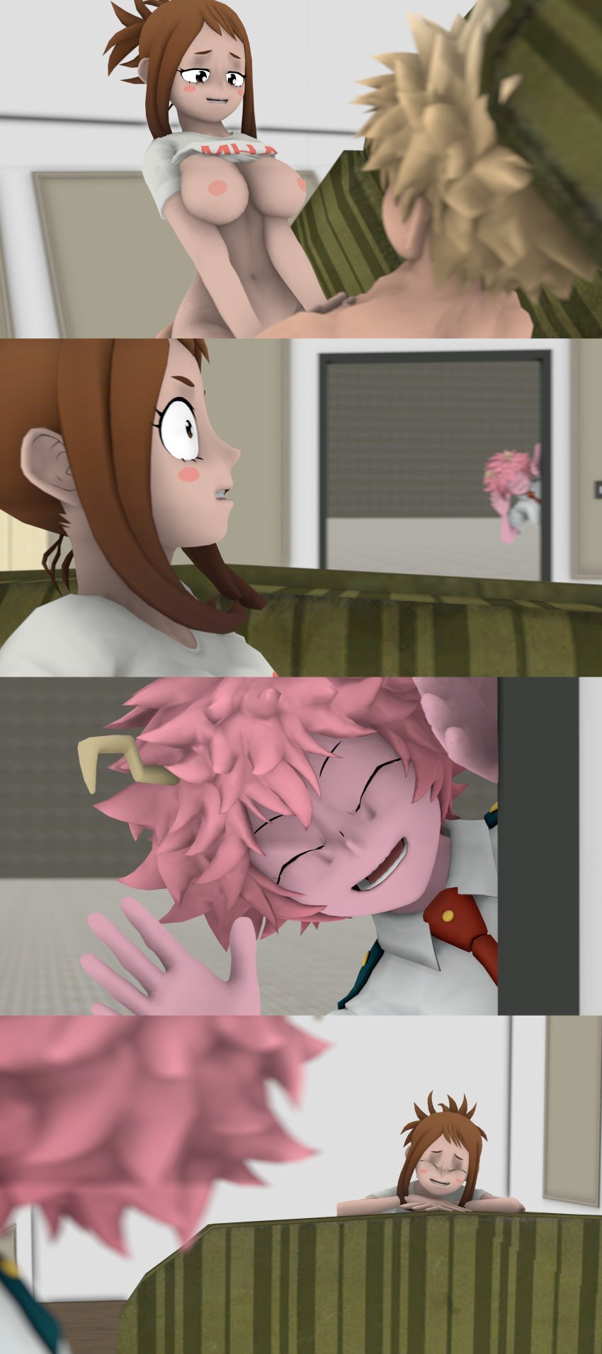 1boy 1boy1girl 2girls 3d 3d_(artwork) bottomless breasts caught caught_in_the_act couch_sex cowgirl_position cuckquean female female_on_top hidden_sex in_public katsuki_bakugou male/female mina_ashido multiple_images multiple_views my_hero_academia ochako_uraraka on_couch pantless pink_hair public public_nudity public_sex school_uniform sex sex_in_public shirt_up spiky_hair stealth_sex straight tarrotherambler unaware