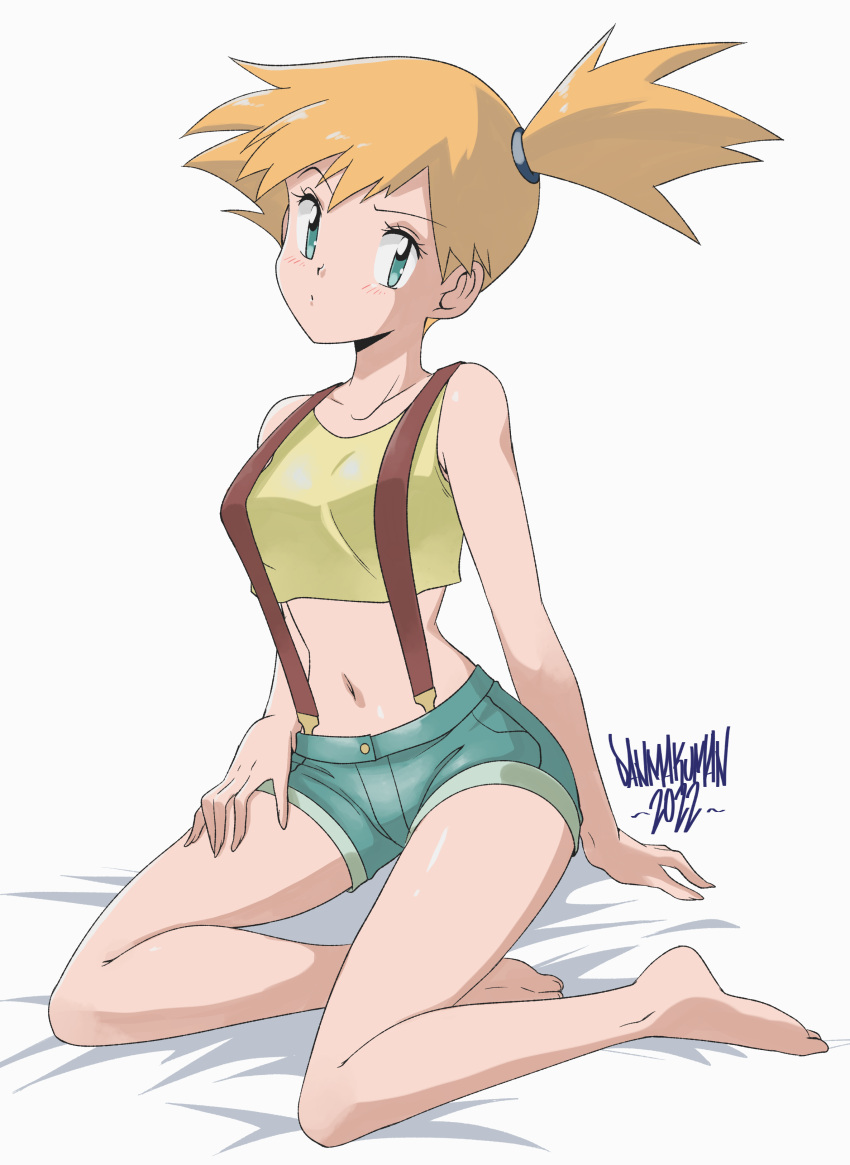 bare_legs bare_shoulders barefoot bed_sheet blue_eyes blush clavicle clothing crop_top danmakuman feet female grey_background high_resolution kasumi_(pokemon) legs looking_at_viewer midriff navel orange_hair parted_lips pokemon pokemon_(anime) pokemon_rgby shiny shiny_skin short_sidetail shorts simple_background sitting sleeveless solo suspenders toes