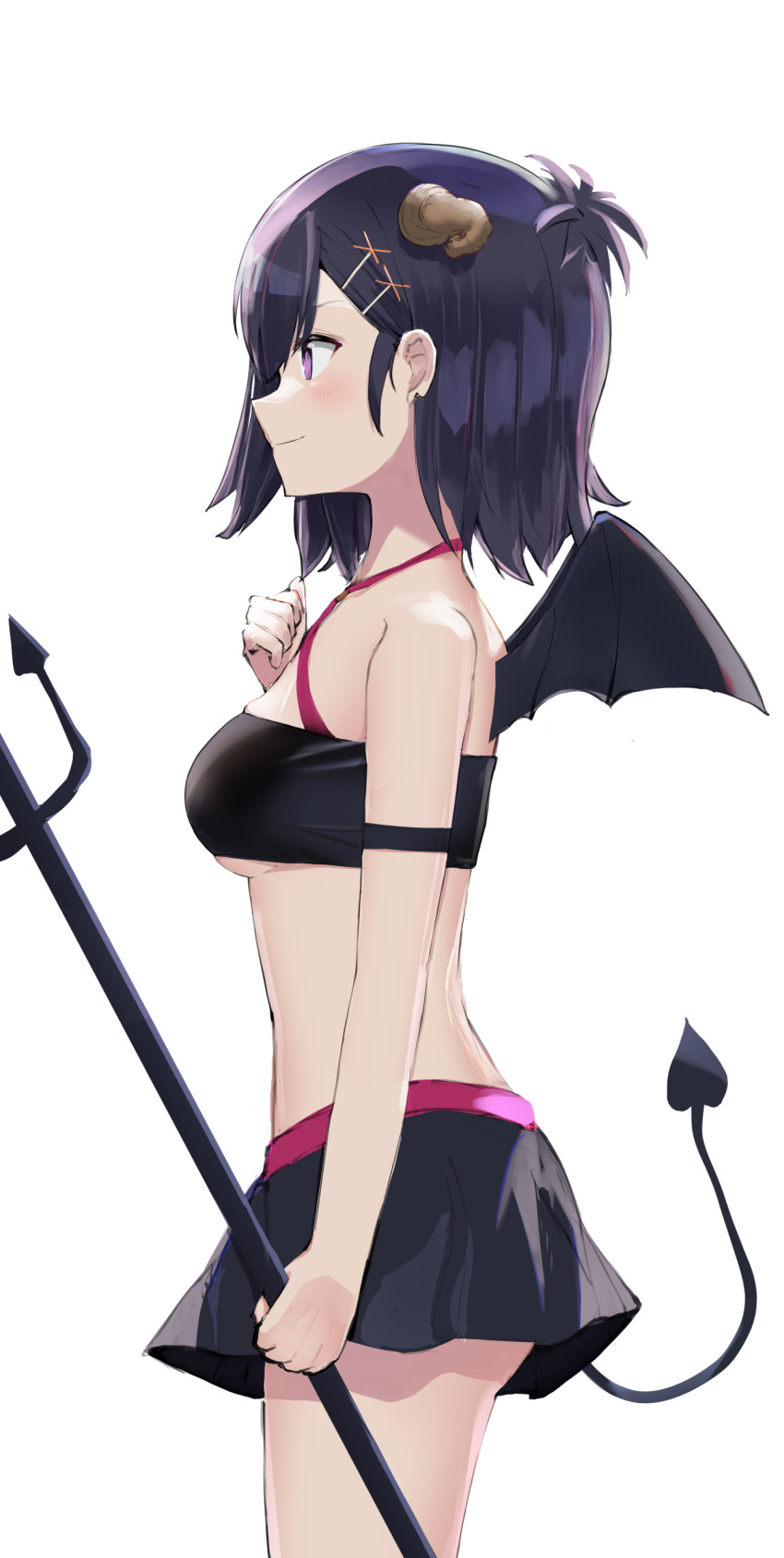 absurdres arm_strap bandeau bare_shoulders black_hair black_skirt breasts closed_mouth cowboy_shot demon_girl demon_horns demon_tail demon_wings female from_side gabriel_dropout hair_ornament hairclip highres holding horns medium_breasts midriff miniskirt polearm profile purple_eyes revealing_clothes short_hair simple_background skirt sleeveless smile solo sounuryu_ta spaghetti_strap standing tail thighs trident tsukinose_vignette_april underboob weapon white_background wings x_hair_ornament