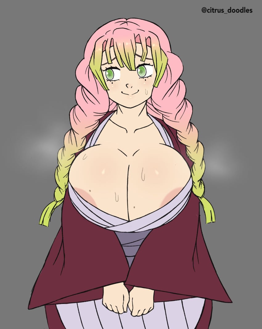 1girls alternate_version_available areola_slip areolae barely_contained barely_contained_breasts big_breasts blonde blonde_female blonde_hair breast_focus breasts bursting_breasts busty citrus_doodles cleavage clothing demon_slayer female female_only green_eyes green_highlights hair huge_breasts kanroji_mitsuri kimetsu_no_yaiba kimono large_breasts mole mole_on_breast mole_under_eye multicolored_hair pink_hair solo solo_female sweat sweatdrop twintails