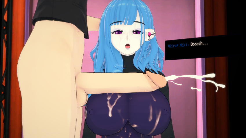 1boy 1girls 3d blush cum cum_on_breasts dialogue kira_miki koikatsu large_breasts long_hair open_mouth penis_across_breasts penis_on_breast penis_on_upperboob spiritofrei surprised teal_hair text va-11_hall-a