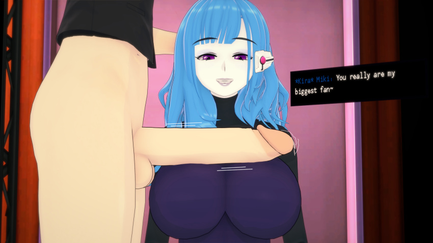 1boy 1girls 3d blush dialogue kira_miki koikatsu large_breasts long_hair motion_lines penis_across_breasts penis_on_breast penis_on_upperboob precum smile spiritofrei teal_hair text va-11_hall-a