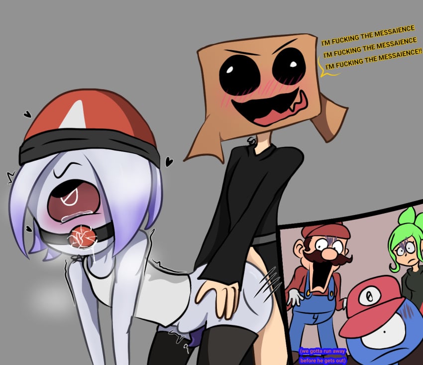 1girls 2022 4boys angry angry_face ass blush crossover crying crying_with_eyes_open cyclops derp_eyes disgusted doggy_style femboy grey_skin hat heart jembbrowm mario mario_(series) melony_(smg4) niles_(smg4) nintendo one_eye please_forget_me red_sclera shitpost smg0 smg4 surprised text text_bubble thick_thighs thighhighs