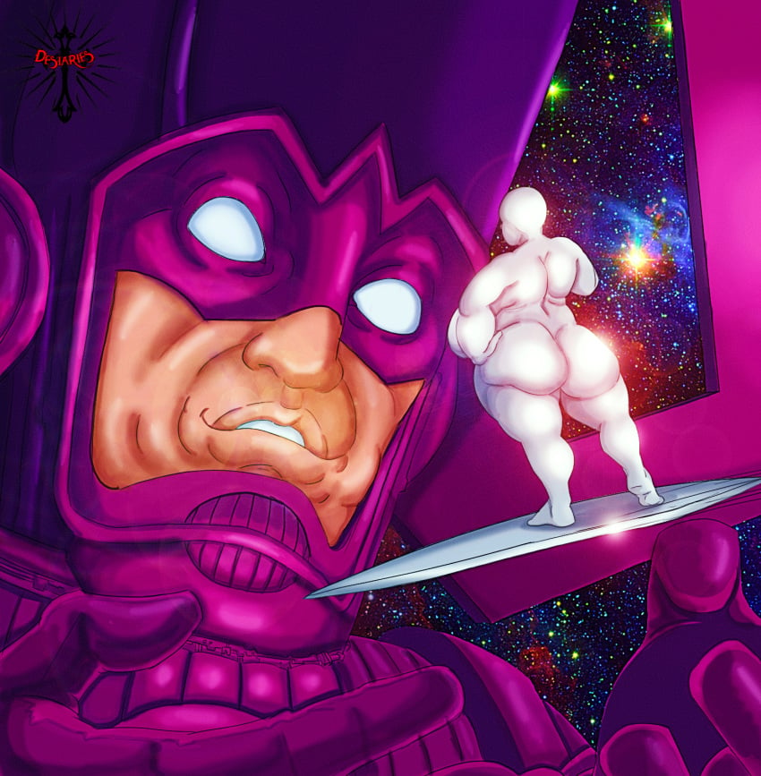 1boy 1girls age_difference altered bbw big_ass big_belly big_breasts big_butt chubby chubby_female comic_cover cover curvy desiaries fantastic_four female galactus galaxy genderswap genderswap_(mtf) huge_ass male marvel marvel_comics master planet rule_63 silver silver_skin silver_surfer size_difference space standing stars surfboard thedesiaries