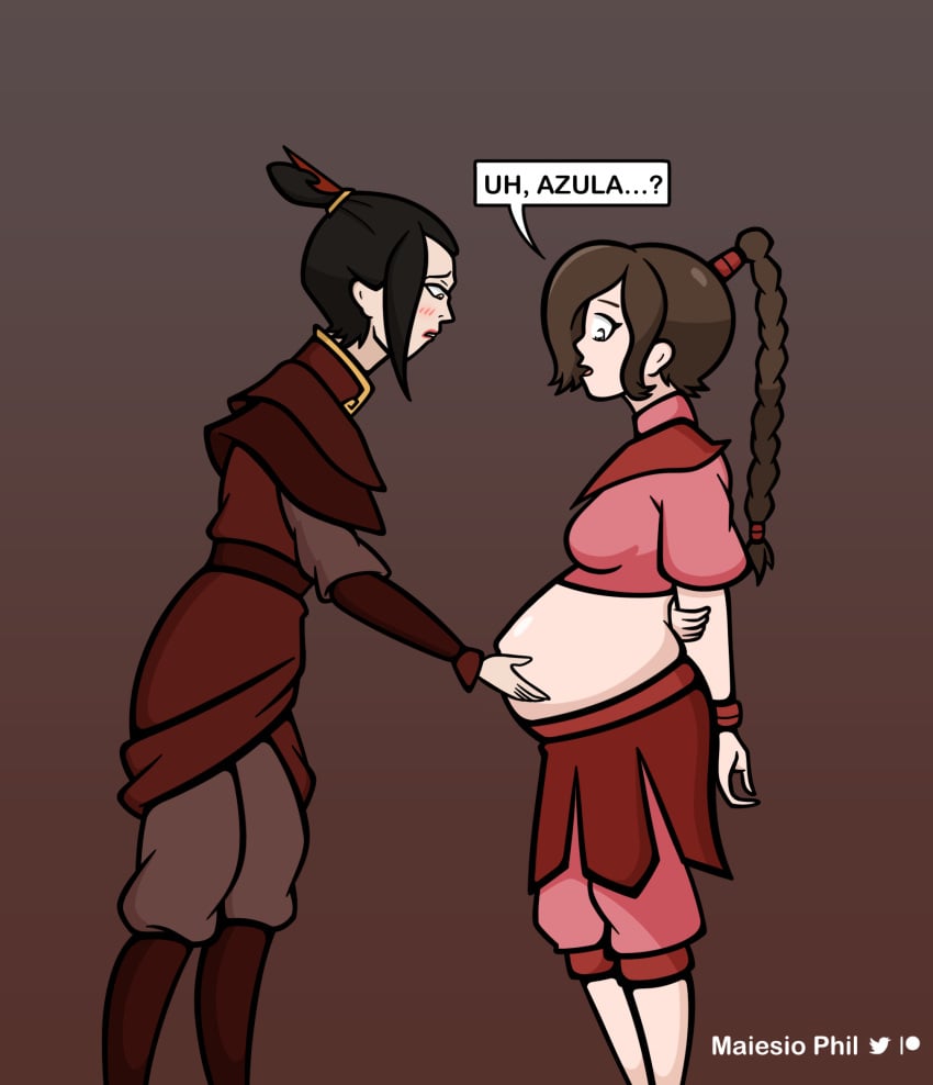 2girls avatar_the_last_airbender azula belly big_belly big_breasts black_hair blush breasts brown_hair clothed clothed_female clothing dialogue female female_only hand_on_belly maiesio_phil midriff navel nickelodeon non-nude outie_navel popped_navel pregnant sidebelly small_breasts standing text ty_lee yuri