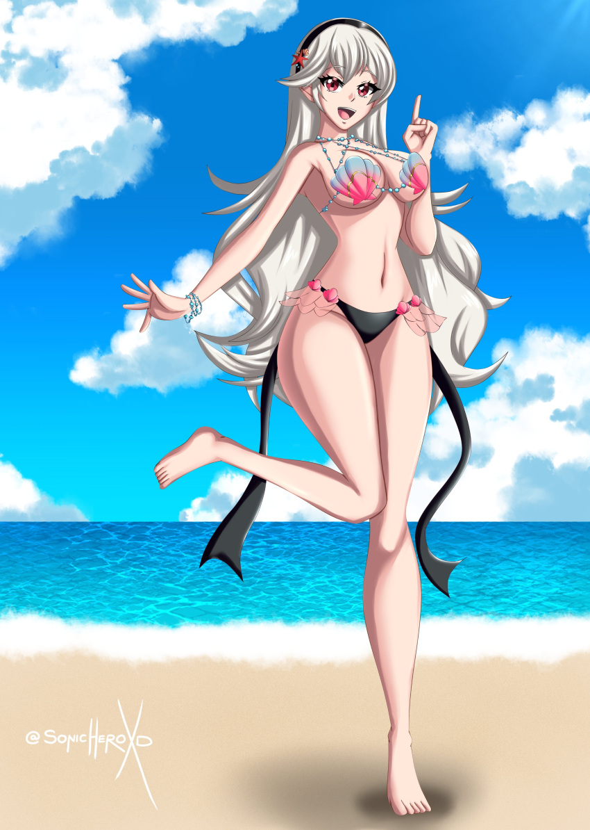 alternate_costume bikini breasts corrin_(fire_emblem) corrin_(fire_emblem)_(female) corrin_(summer)_(fire_emblem)_(female) female female_only fire_emblem fire_emblem_cipher fire_emblem_fates nintendo official_alternate_costume open_mouth shell_bikini solo sonicheroxd swimsuit