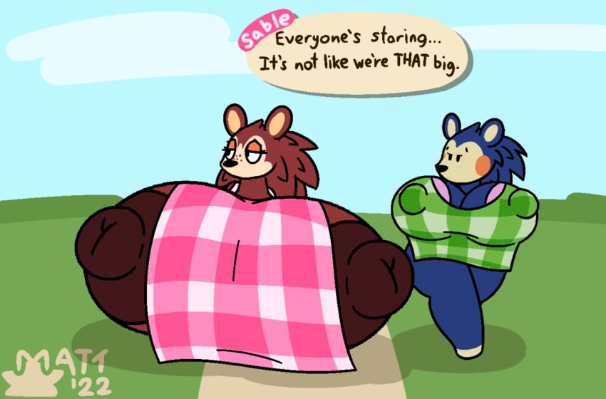 2girls animal_crossing animated anthro apron apron_only big_breasts big_nipples blue_fur boob_window bouncing_breasts breast breasts_bigger_than_body breasts_bigger_than_head brown_fur english_text female female_focus female_only furry hedgehog hedgehog_humanoid huge_breasts hyper hyper_breasts large_breasts mabel_able mattthetooncat nintendo nipple_bulge nipples nipples_visible_through_clothing no_bra sable_able short_playtime sideass text thick_thighs thighs walking wobble