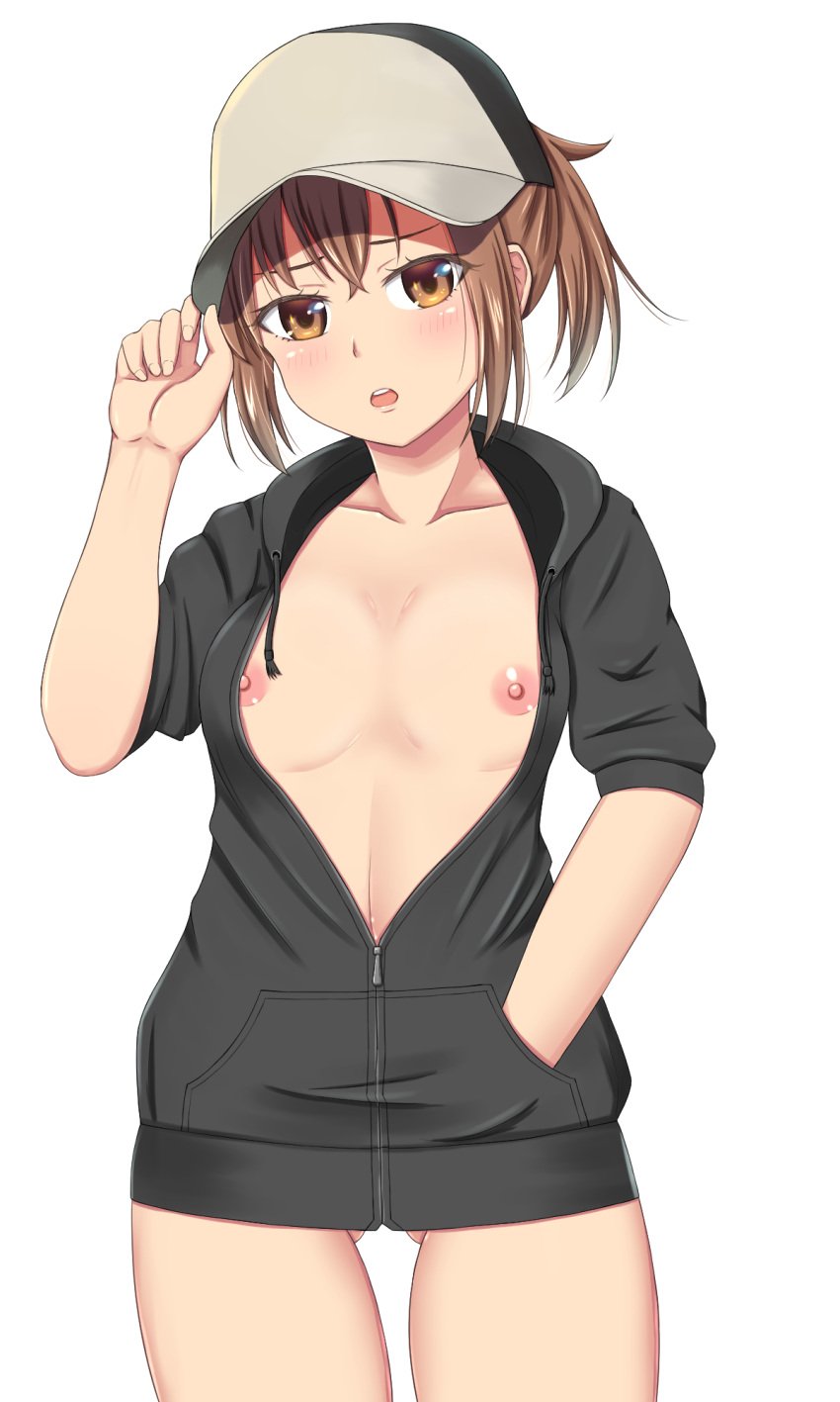 1girls 2020s 2022 :o areolae ass_visible_through_thighs bare_thighs black_hoodie blush breasts brown_eyes brown_hair brunette cap collarbone female gluteal_fold hi_res hoodie knees_out_of_frame looking_at_viewer matching_hair/eyes misaka_mikoto navel nipples no_bra open_mouth short_hair small_breasts solo standing sumari thighs to_aru_kagaku_no_railgun to_aru_majutsu_no_index white_background zipper_down