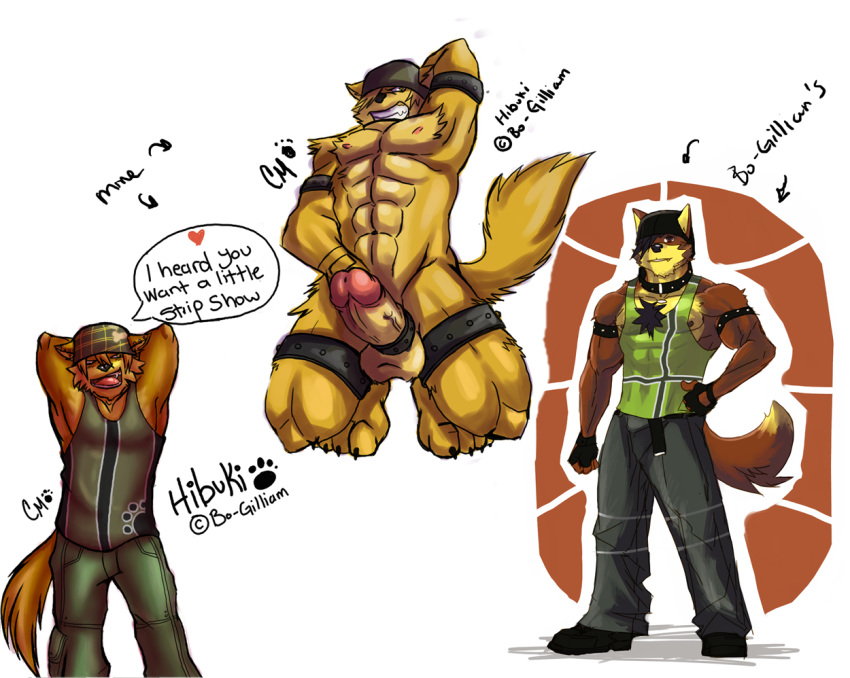 1boy anthro balls beaugilliam canine claws cursedmarked ear_piercing erection fangs fur furry green_eyes grin looking_at_viewer male male_only muscles nude penis piercing presenting solo standing tail