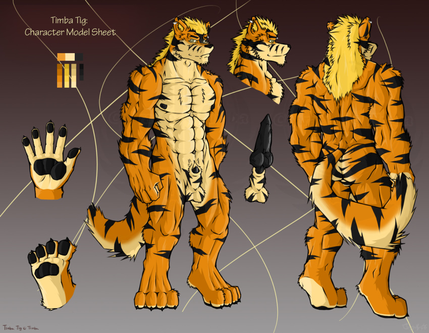 anthro arcanine ass balls brown_eyes canine claws erection fangs feline fur furry grin jazzwolf knot looking_at_viewer male male_only model_sheet muscles nude penis piercing pokemon pokemon_(species) solo standing tail