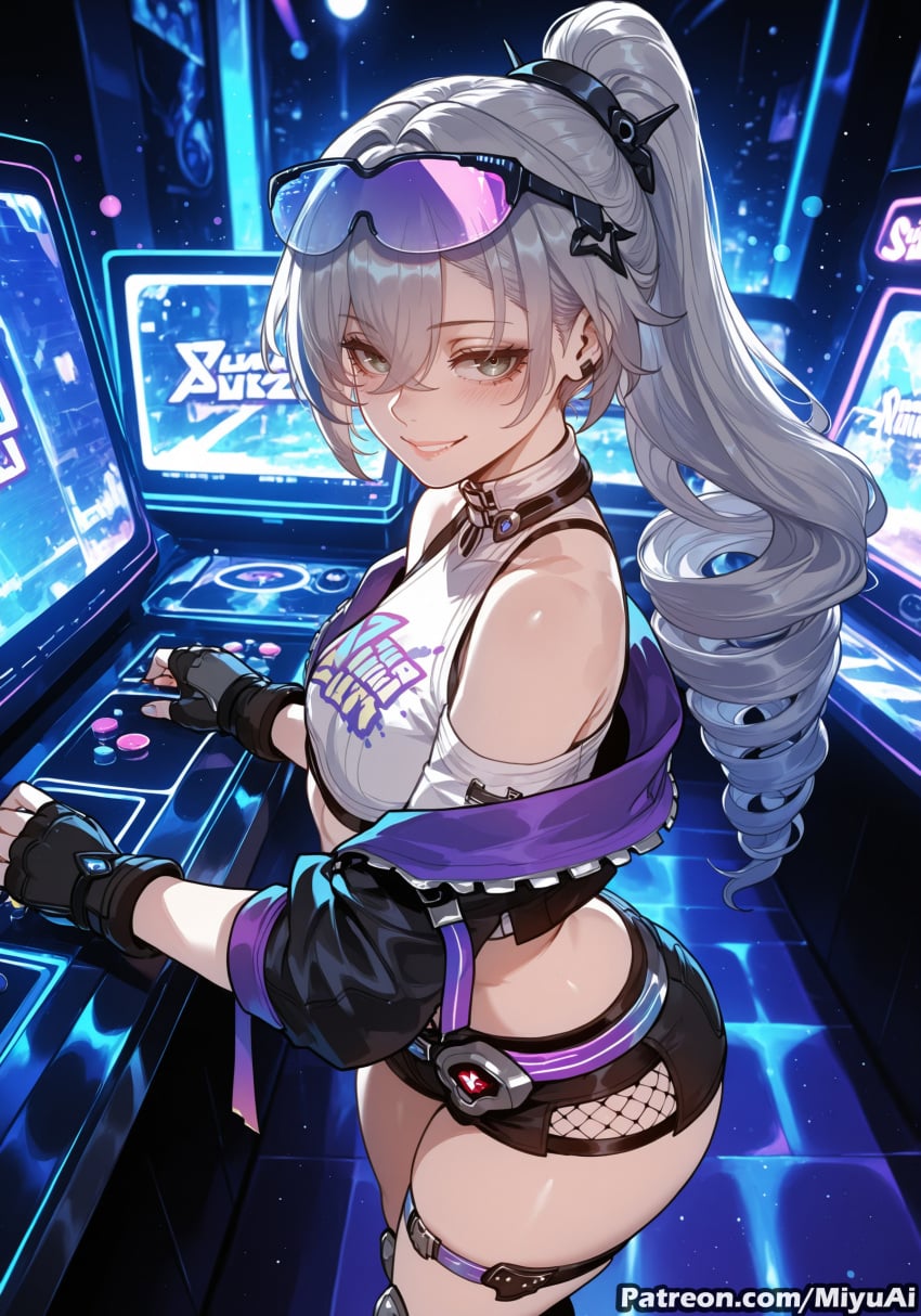 honkai:_star_rail honkai_(series) silver_wolf_(honkai:_star_rail) silver_wolf_(lv.999)_(honkai:_star_rail) miyuai ai_generated ai_assisted thick_thighs thick_ass thick thick_legs thick_hips thick_butt wide_hips wide_thighs voluptuous voluptuous_female curvy curvy_figure curvaceous curvy_female female breasts rating:safe gloves fingerless_gloves long_hair 1girl eyewear_on_head black_gloves drill_hair smile multicolored_hair looking_at_viewer bare_shoulders silver_hair grey_hair streaked_hair mole belt large_breasts bangs hair_between_eyes ass ponytail shorts twin_drills solo blush jacket grey_eyes midriff thighs night